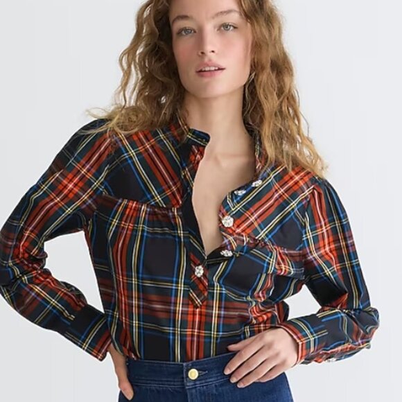 J. Crew Tops - J.Crew Fresco Top with Jewel Buttons in Stewart Tartan